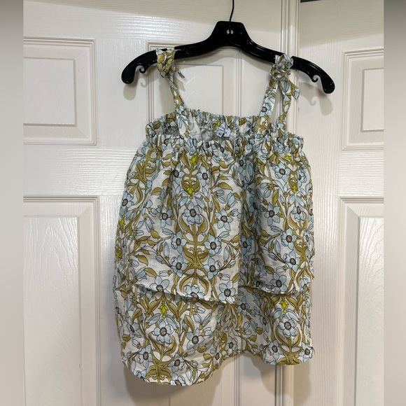 Le Raganne Tops - Made in Italy Colorful Floral 100% Linen Ruffle Adjustable Tie Strap Beach Top M